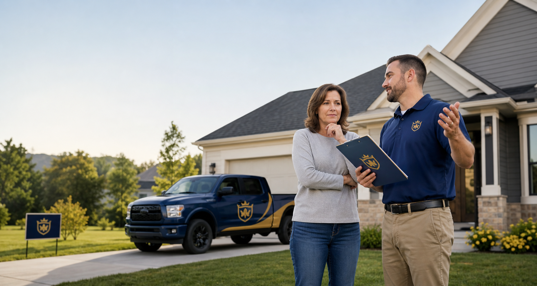 Roofing professional speaking with a homeowner outside a suburban home